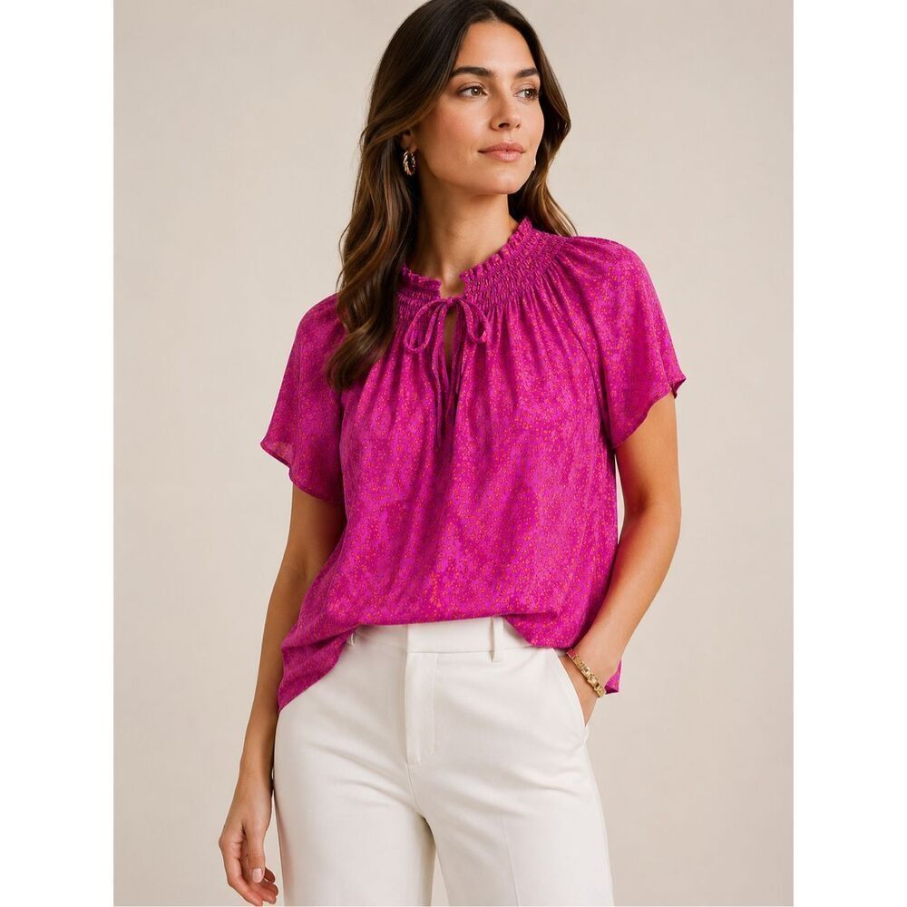 NWOT Rungolee Louise Silk Blouse Pink Floral Smocked Neck Tunic Top Boho Luxe Me